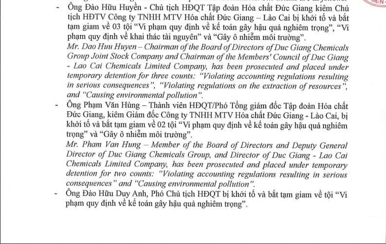 Hóa chất Đức Giang (DGC) ra thông báo mới nhất liên quan việc lãnh đạo bị khởi tố