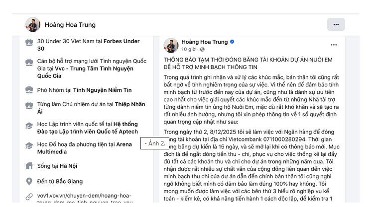 Facebook ông Hoàng Hoa Trung biến mất, dự án "Nuôi em" lại "nóng"