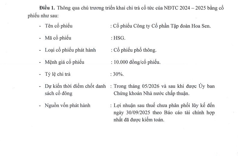 Hoa Sen Group trả cổ tức tỷ lệ 30%