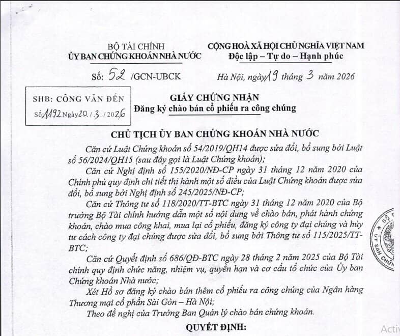 SHB được cấp Giấy phép đăng ký chào bán cổ phiếu ra công chúng