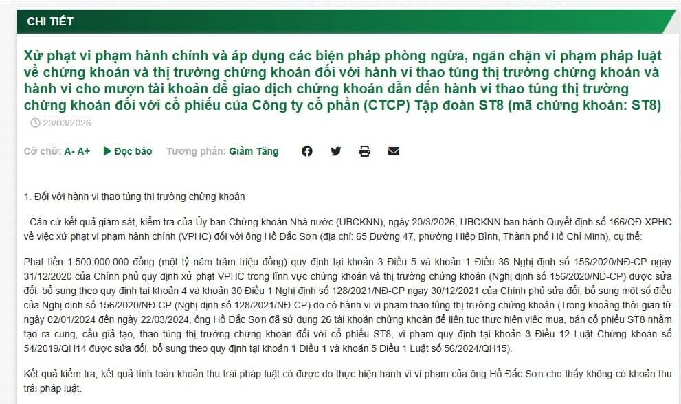 Dùng 26 tài khoản thao túng cổ phiếu ST8, một cá nhân bị phạt 1,5 tỷ đồng