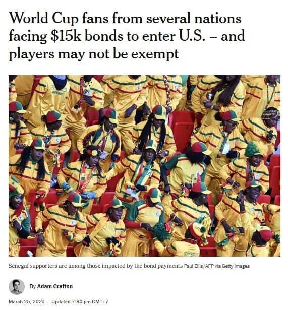 Phải đặt cọc 15.000 USD để nhập cảnh Mỹ xem World Cup 2026?