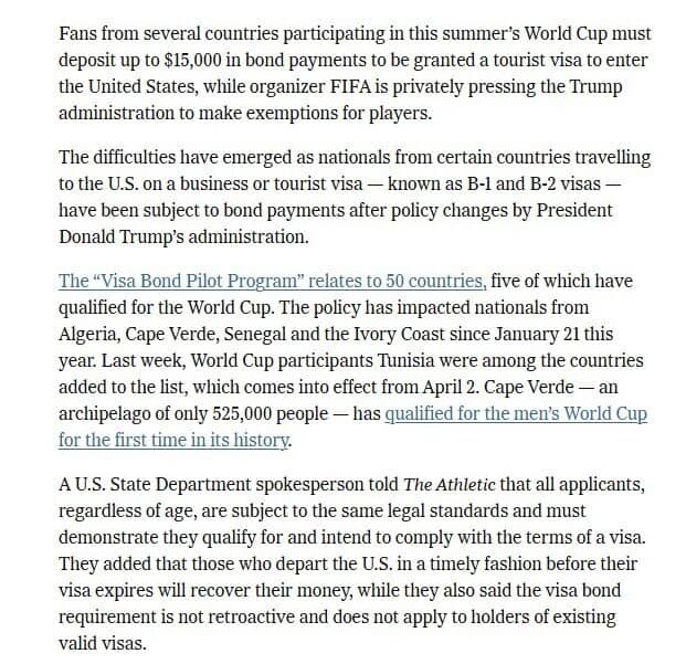 Phải đặt cọc 15.000 USD để nhập cảnh Mỹ xem World Cup 2026?