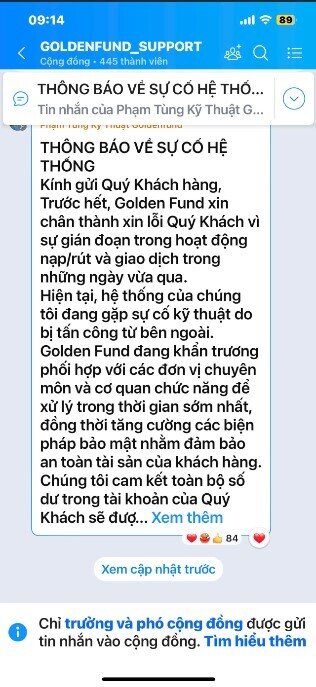 Nền tảng vàng Golden Fund gặp sự cố lớn, người dùng hoang mang