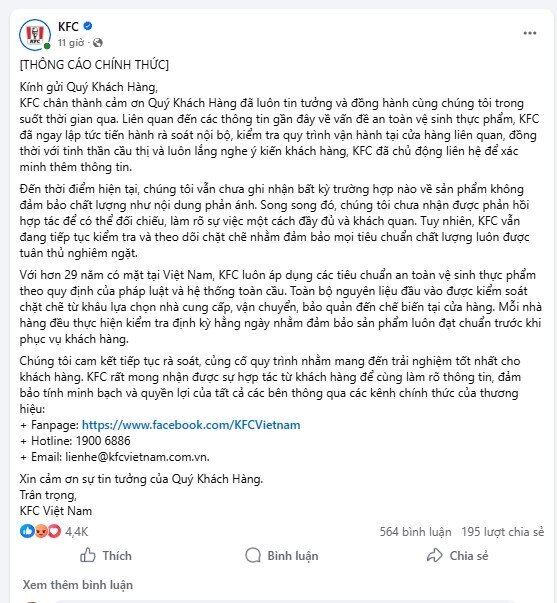 Vụ “gà mốc, khô” tại Hà Nội: KFC nói gì?