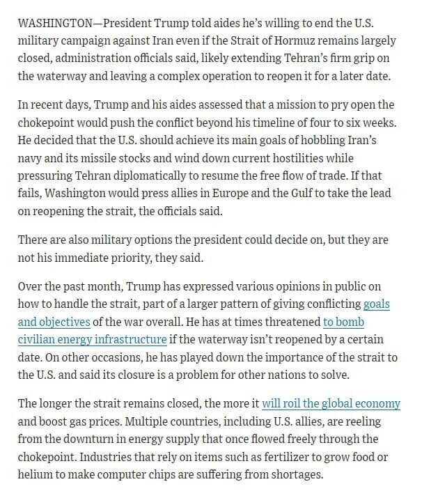 TT Trump nói với trợ lý sẵn sàng chấm dứt chiến tranh Iran mà không mở lại Hormuz
