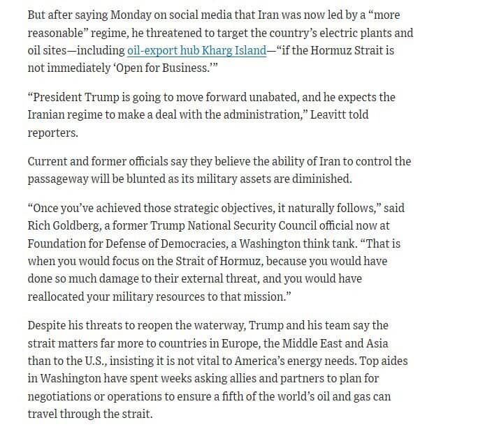 TT Trump nói với trợ lý sẵn sàng chấm dứt chiến tranh Iran mà không mở lại Hormuz