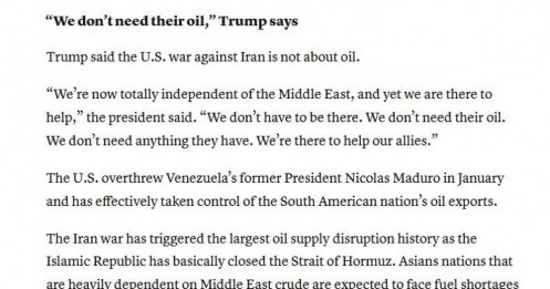 TT Trump: Mỹ tấn công Iran không phải vì dầu mỏ