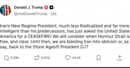 Ông Trump: Iran đề nghị ngừng bắn, nhưng Mỹ sẽ 'đưa họ trở về thời đồ đá' nếu eo biển Hormuz vẫn đóng