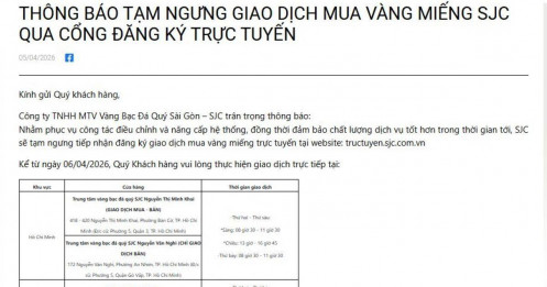 SJC tạm ngưng đăng ký mua vàng trực tuyến