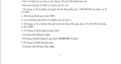 Con trai ông Trần Đình Long không mua hết 50 triệu cổ phiếu HPG đã đăng ký