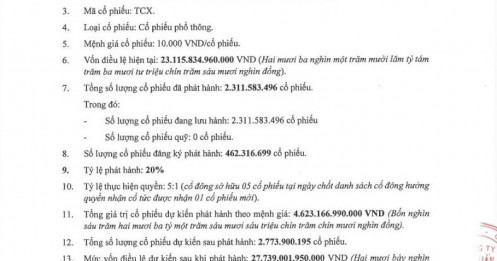 TCX quyết lấy lại vị thế Top 1 về vốn điều lệ, sẽ phát hành 462 triệu cổ phiếu trả cổ tức tỷ lệ 20%