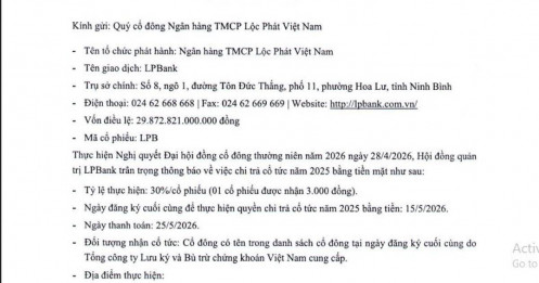 Nóng: Ngân hàng trả cổ tức tiền mặt cao nhất năm 2026 sắp lăn chốt, thanh toán ngay trong tháng 5