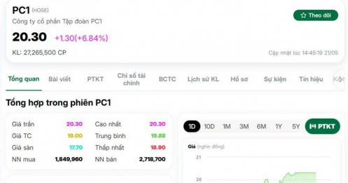 Dòng tiền đổ vào PC1, cổ phiếu trắng bên bán ở giá trần