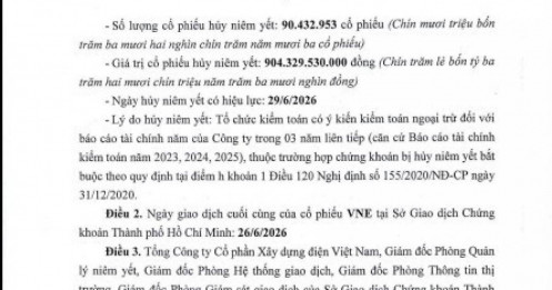 Ngày 29/6 tới, hơn 90 triệu cổ phiếu VNE sẽ bị huỷ niêm yết