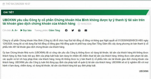 UBCK "tuýt còi" kế hoạch bán cổ phiếu trên 481 tài khoản khách hàng của Chứng khoán Hòa Bình