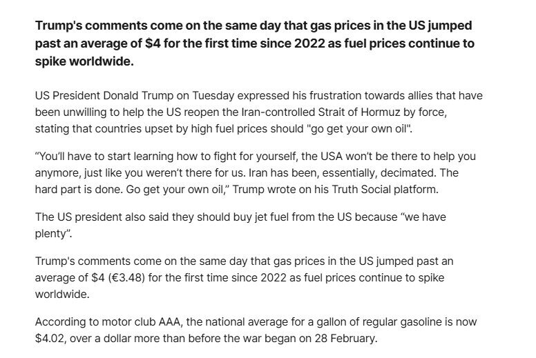 Ông Trump nhắn đồng minh: Hãy mua nhiên liệu máy bay Mỹ hoặc ‘tự lấy dầu từ Hormuz’