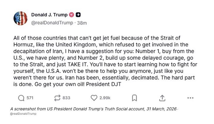 Ông Trump nhắn đồng minh: Hãy mua nhiên liệu máy bay Mỹ hoặc ‘tự lấy dầu từ Hormuz’