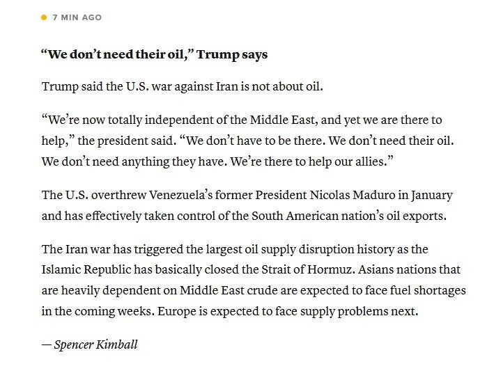 TT Trump: Mỹ tấn công Iran không phải vì dầu mỏ