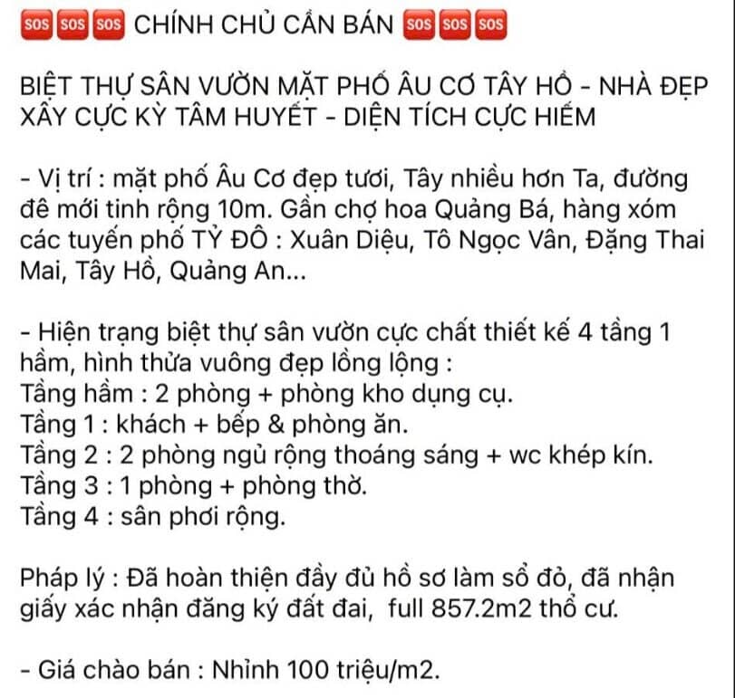 Biệt thự Hồ Tây giá chỉ hơn 100 triệu/m² gây sốc