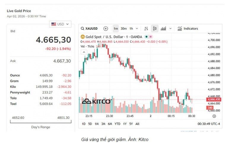 Giá vàng thế giới rơi thẳng đứng, giảm gần 100 USD/ounce