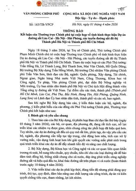 Kết luận của Thường trực Chính phủ tại cuộc họp về tình hình thực hiện Dự án đường sắt Bắc Nam