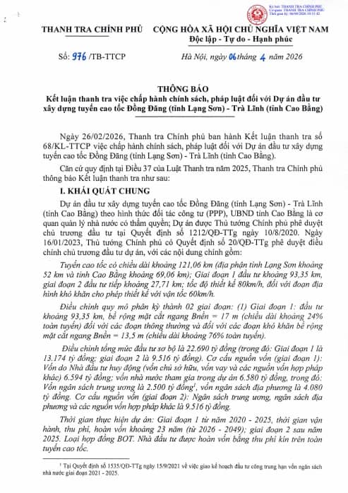 Thanh tra Chính phủ điểm tên loạt sai sót, kiến nghị xử lý Dự án cao tốc Đồng Đăng – Trà Lĩnh