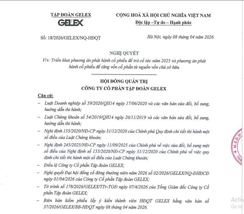 Cổ đông GELEX (GEX) sắp nhận cổ tức, cổ phiếu thưởng tổng 45%
