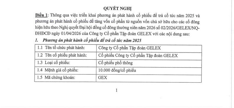 Cổ đông GELEX (GEX) sắp nhận cổ tức, cổ phiếu thưởng tổng 45%