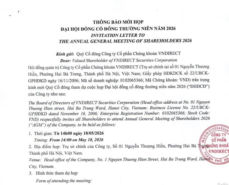 Chứng khoán VNDirect (VND) triệu tập ĐHCĐ
