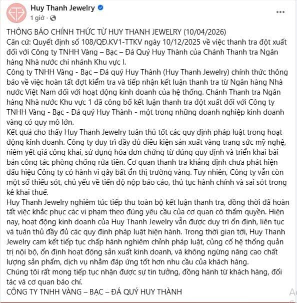 Huy Thanh Jewelry lên tiếng về kết luận thanh tra