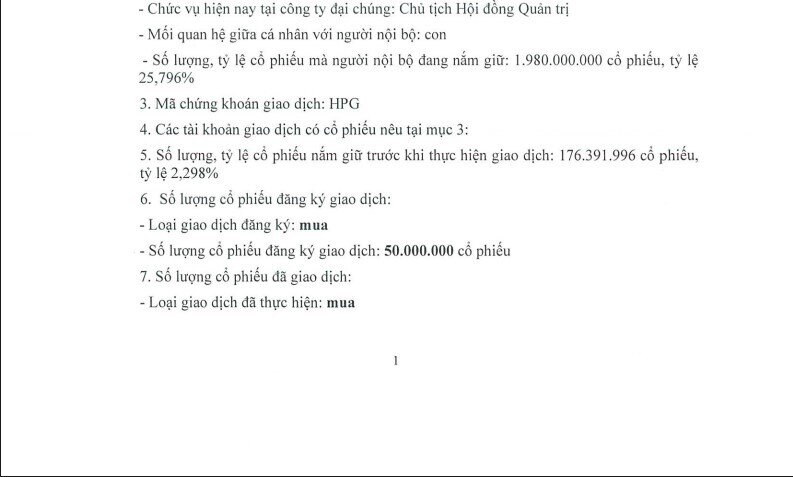 Con trai ông Trần Đình Long không mua hết 50 triệu cổ phiếu HPG đã đăng ký