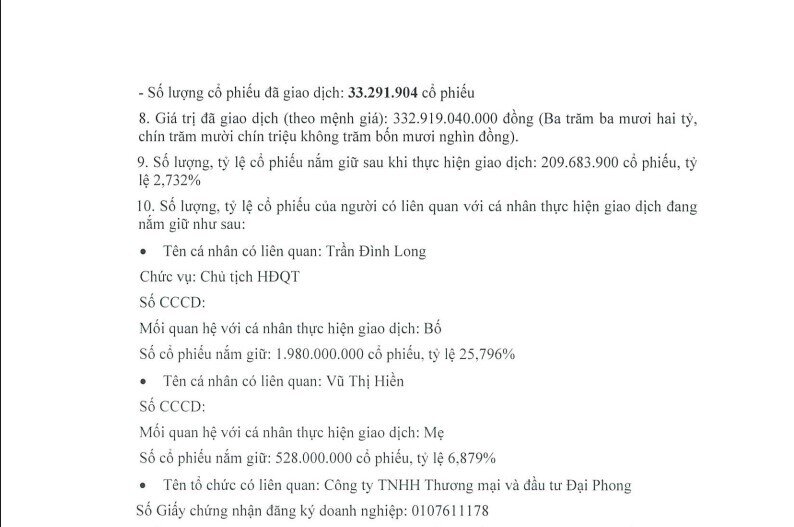 Con trai ông Trần Đình Long không mua hết 50 triệu cổ phiếu HPG đã đăng ký