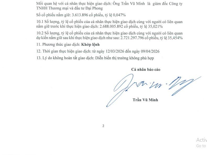 Con trai ông Trần Đình Long không mua hết 50 triệu cổ phiếu HPG đã đăng ký
