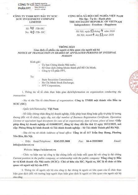 Công ty đầu tư của SCIC nâng tỷ lệ sở hữu tại FPT