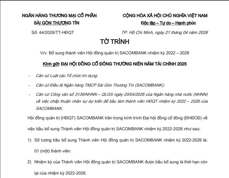 Ông Nguyễn Đức Thụy chính thức ứng cử vào HĐQT Sacombank