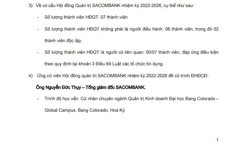 Ông Nguyễn Đức Thụy chính thức ứng cử vào HĐQT Sacombank