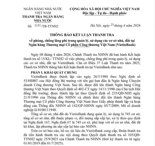 Thanh tra chỉ ra 7 tồn tại trong quản lý hàng trăm cơ sở nhà, đất tại VietinBank