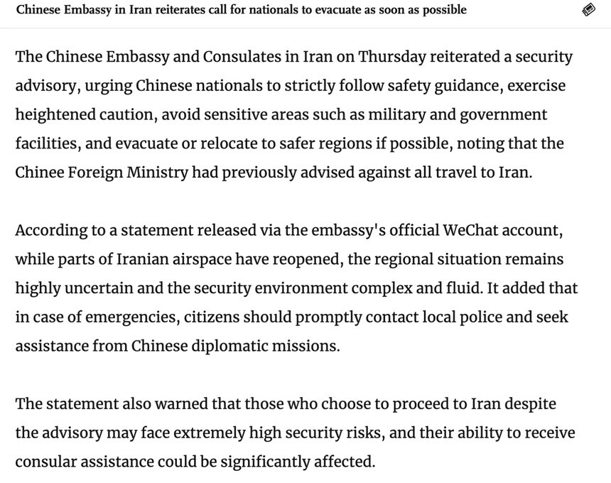 Bắc Kinh hối thúc công dân rời Iran