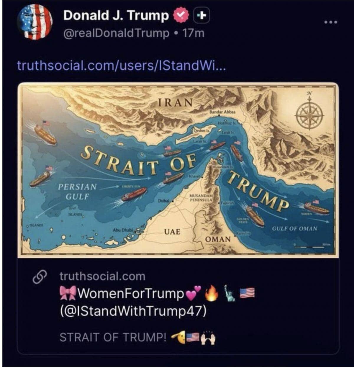 Tổng thống Trump đổi tên eo biển Hormuz thành ‘eo biển Trump’