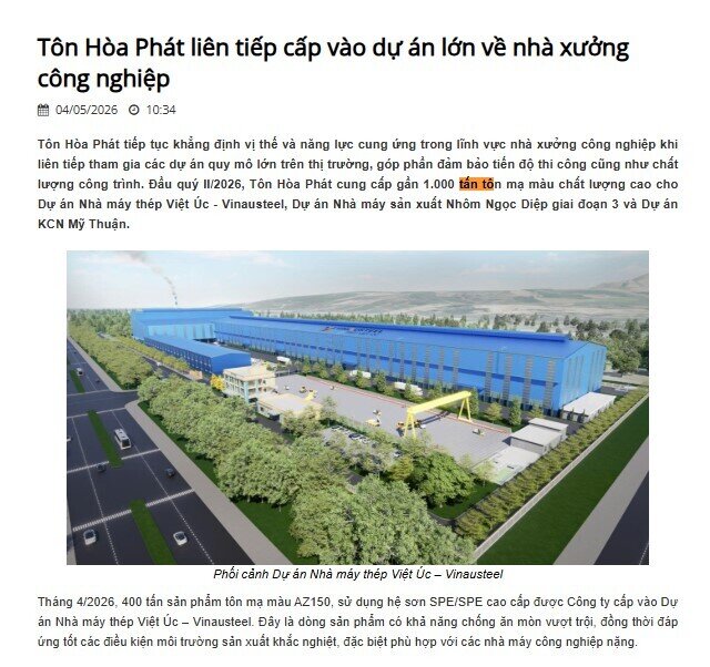 Hòa Phát dồn dập cung cấp gần 1.000 tấn tôn mạ cho loạt dự án lớn ngay đầu quý II/2026