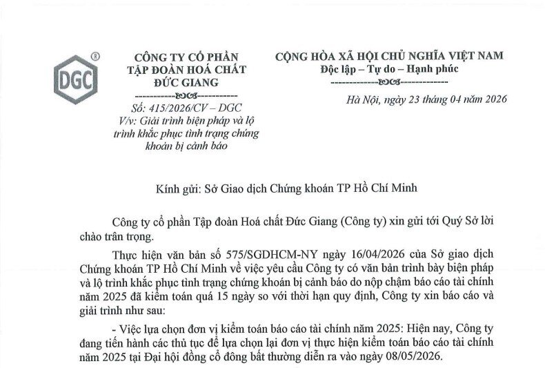 Hoá chất Đức Giang (DGC) nêu lộ trình khắc phục cổ phiếu bị cảnh báo