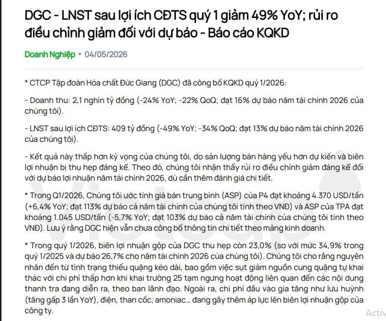 Vietcap: Cổ phiếu DGC có thể bị đưa vào diện kiểm soát và hạn chế giao dịch