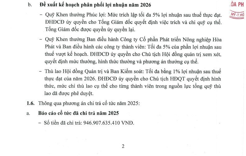 Nông nghiệp Hòa Phát sắp trả cổ tức tiền mặt lớn