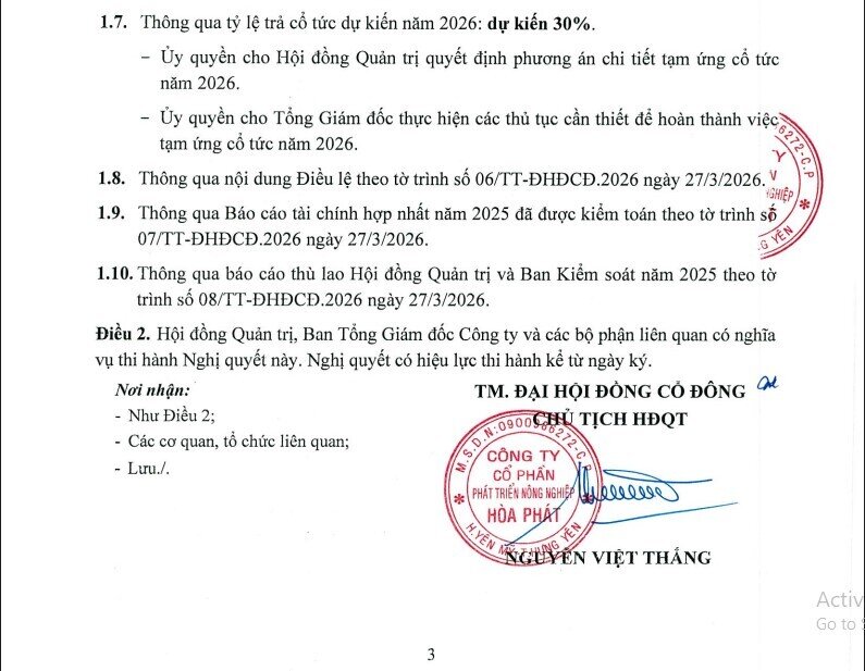 Nông nghiệp Hòa Phát sắp trả cổ tức tiền mặt lớn