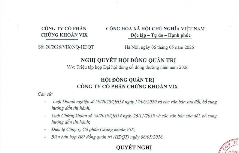 Chứng khoán VIX thông báo triệu tập ĐHĐCĐ thường niên