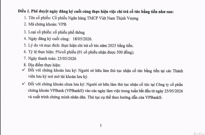 VPBank sắp chi gần 4.000 tỷ đồng tiền mặt trả cổ tức cho cổ đông
