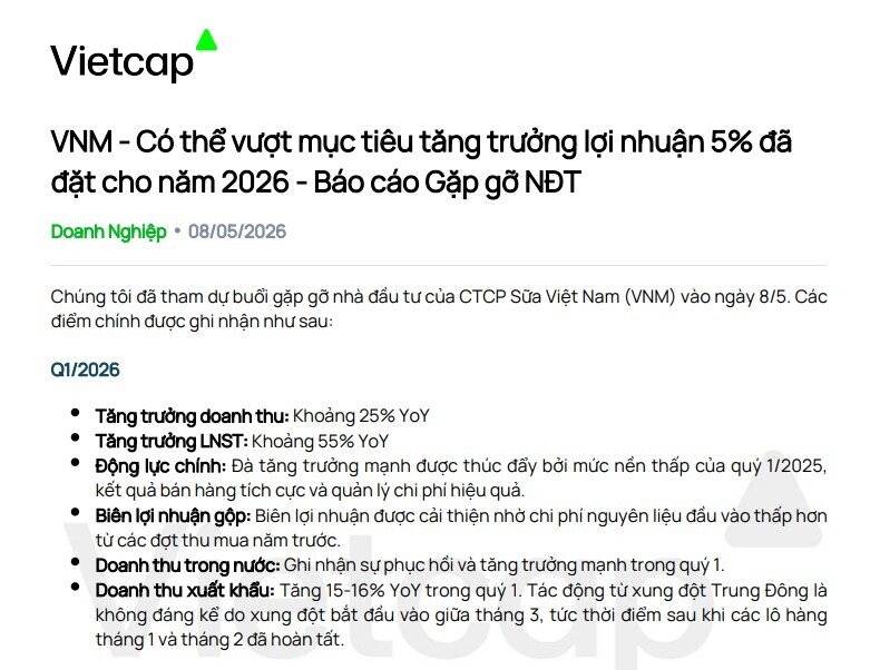 Biên lợi nhuận gộp của Vinamilk có thể sẽ giảm nhẹ trong các quý tới do áp lực giá nguyên liệu gia tăng