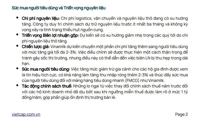 Biên lợi nhuận gộp của Vinamilk có thể sẽ giảm nhẹ trong các quý tới do áp lực giá nguyên liệu gia tăng