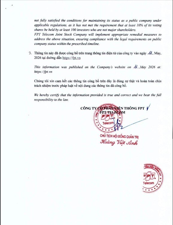FPT Telecom (FOX) chưa đáp ứng đủ điều kiện duy trì tư cách công ty đại chúng